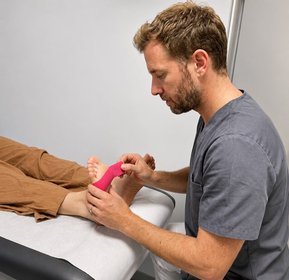 Pédicure-podologue posant une contention sur le pied d'un patient